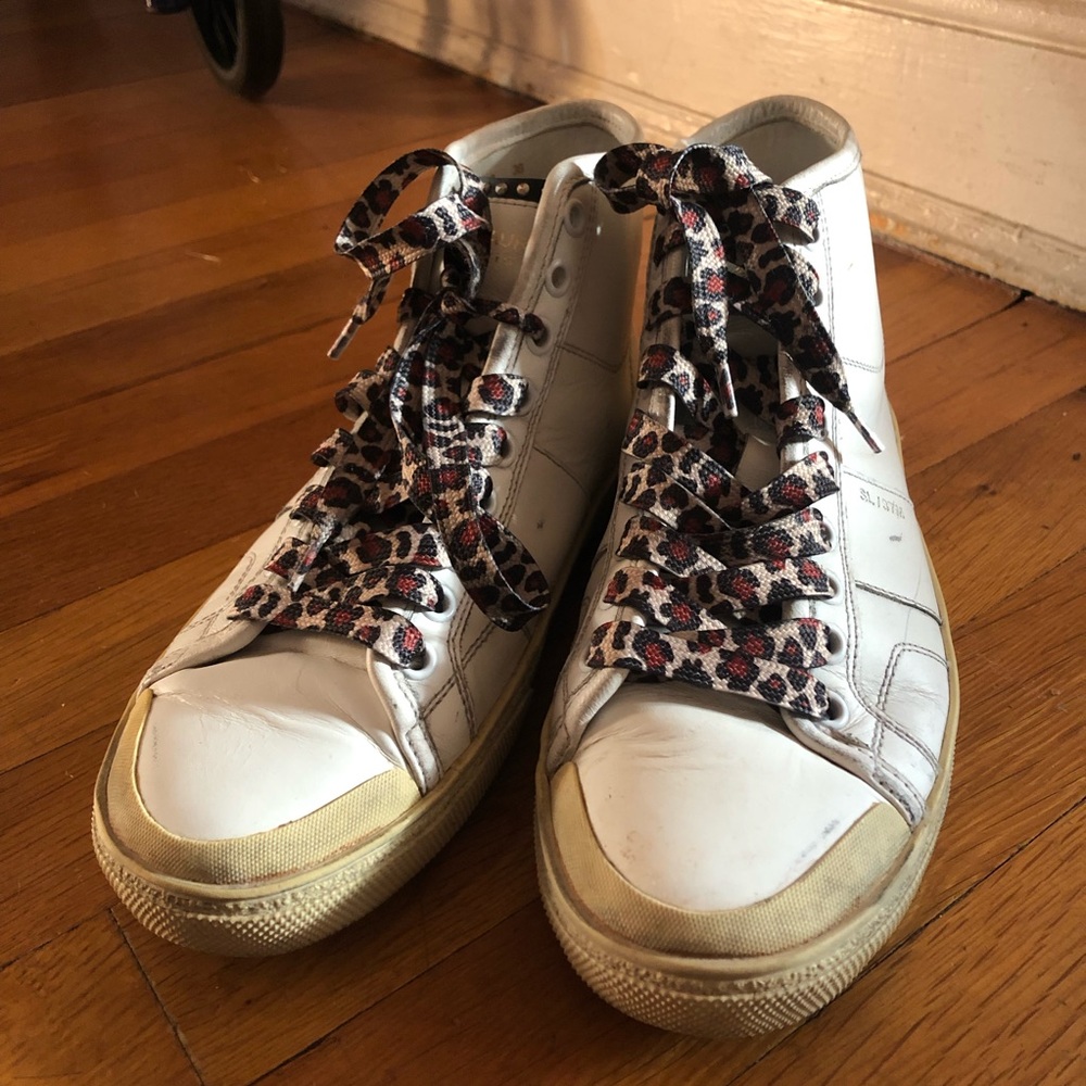 Saint Laurent White Leather Leopard Lace High Top